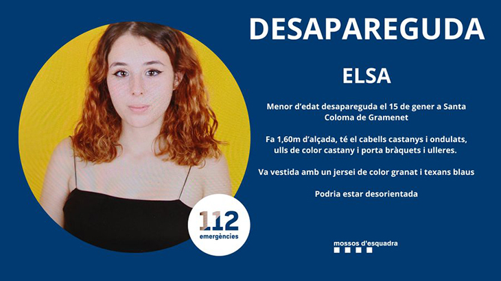 Els Mossos demanen col·laboració ciutadana per trobar una menor d’edat desapareguda a Santa Coloma de Gramenet